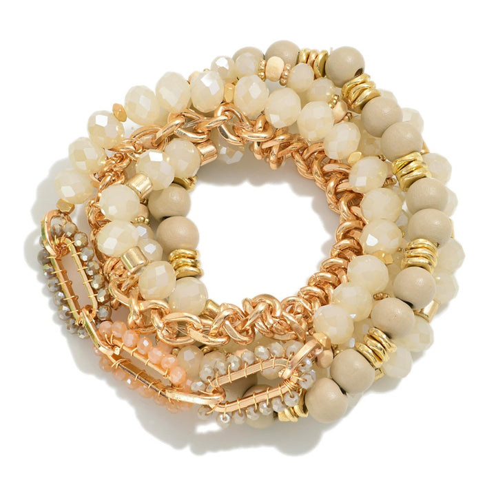 Beaded Stretch Bracelets Featuring Chain Link and Gold Accents