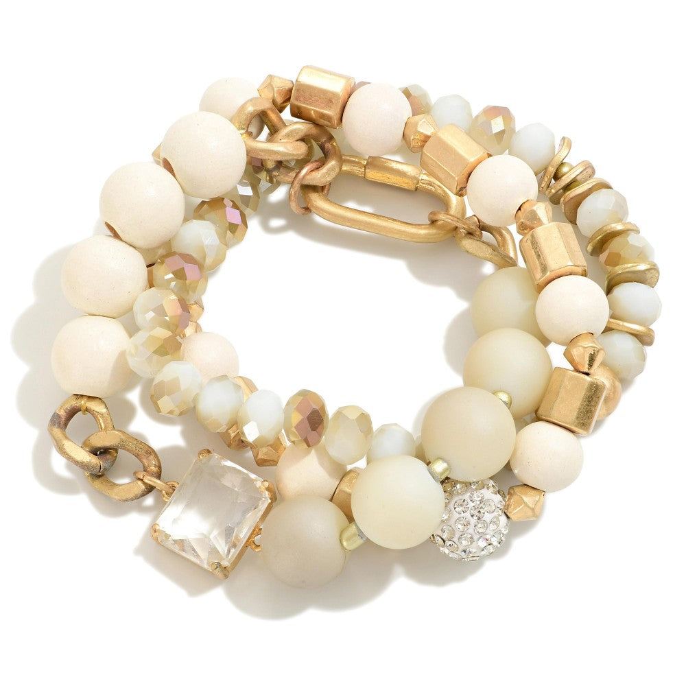 Set of Three Beaded Stretch Bracelets Featuring Rhinestone Post and Chain Link Detail
