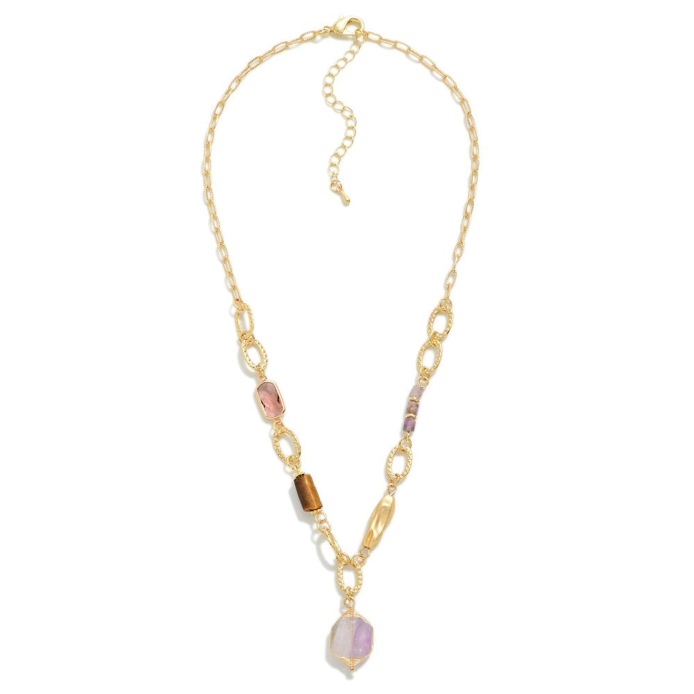Chain Link Necklace With Stone Beads And Pendant