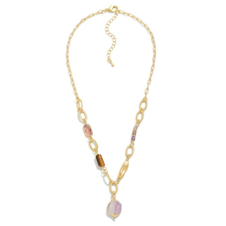 Chain Link Necklace With Stone Beads And Pendant