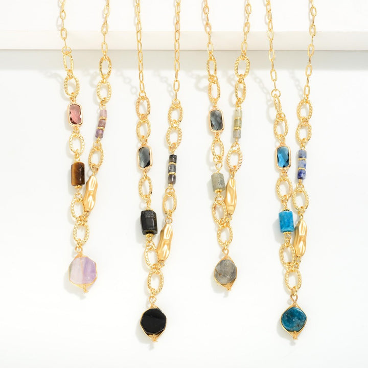 Chain Link Necklace With Stone Beads And Pendant