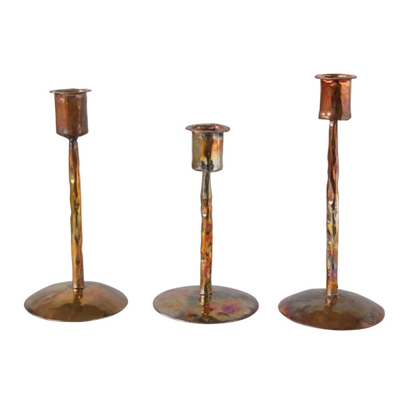 Burnt Copper Metal Taper Candle Holders - 3 Piece