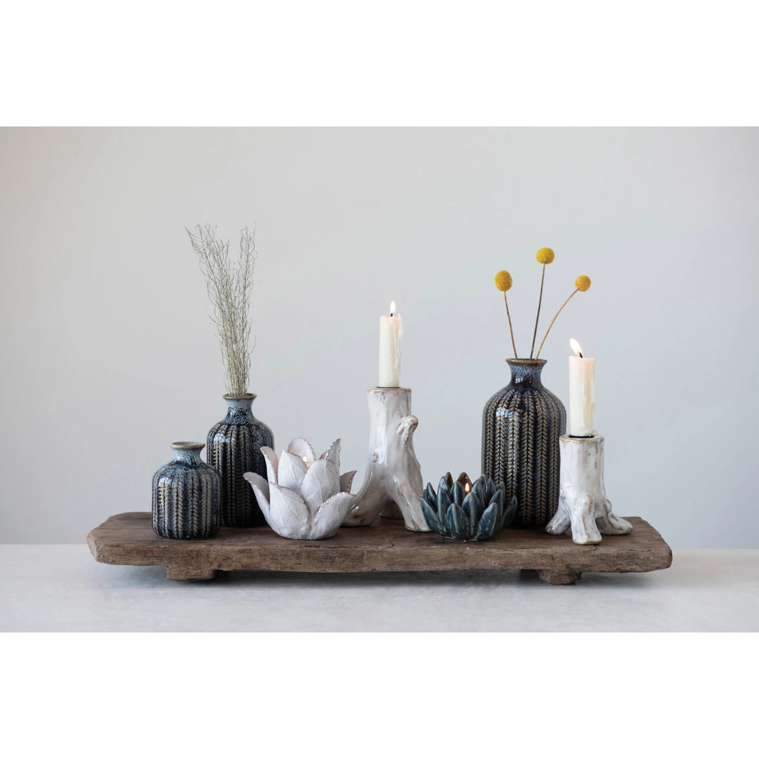 Dark Blue Glazed Embossed Stoneware Vases