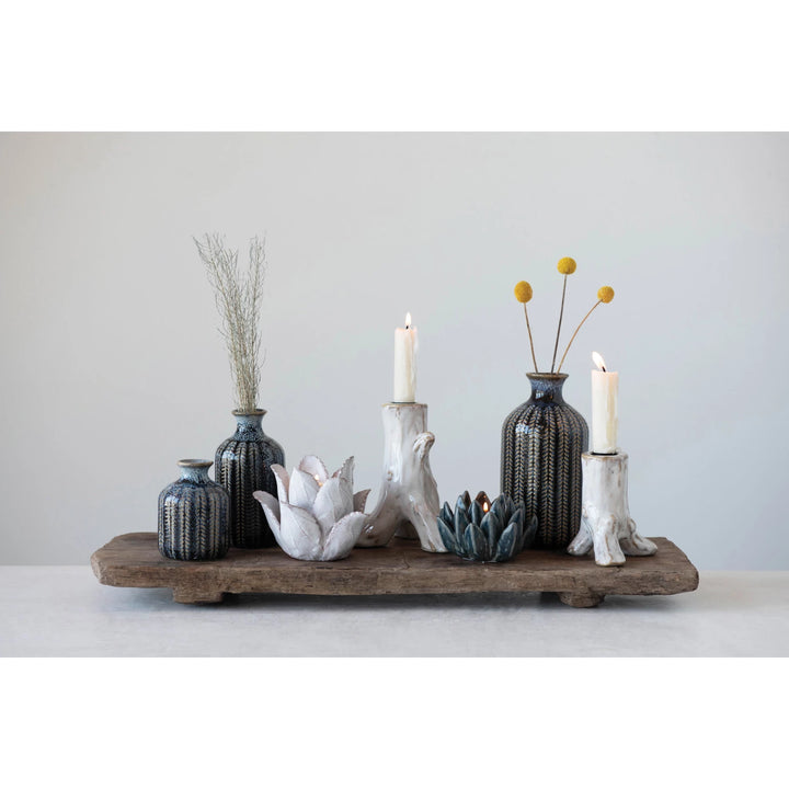 Dark Blue Glazed Embossed Stoneware Vases