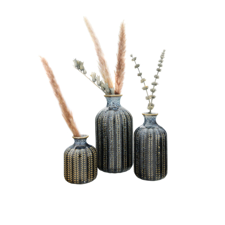 Dark Blue Glazed Embossed Stoneware Vases