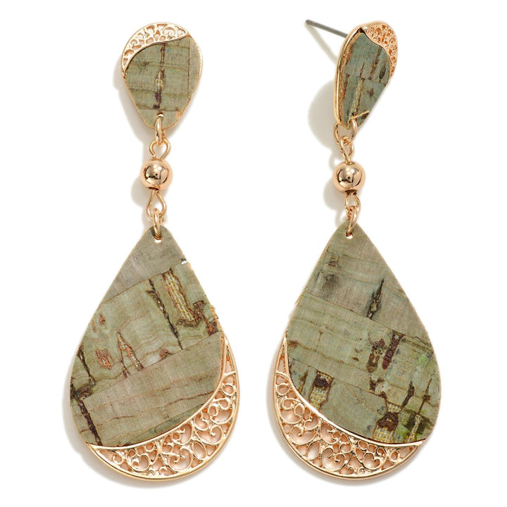 Filigree Accented Printed Cork Teardrop Earrings