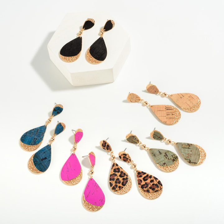 Filigree Accented Printed Cork Teardrop Earrings
