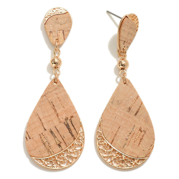 Filigree Accented Printed Cork Teardrop Earrings