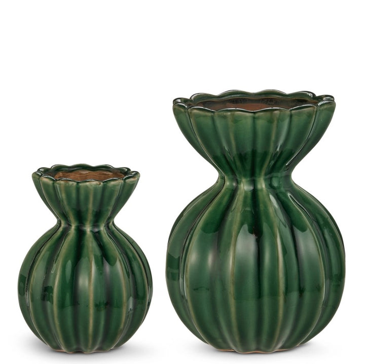 Scalloped Green Fluted Vases