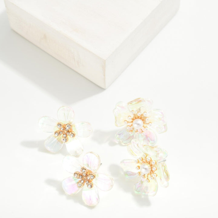 Iridescent and Pearl Flower Oversized Stud Earrings