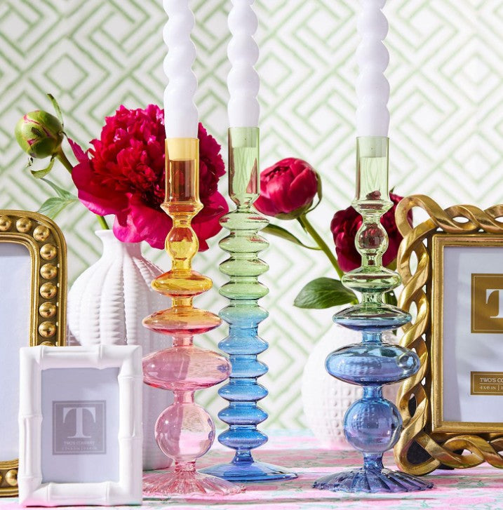 Hand-Blown Glass Taper Candlestick Candleholders