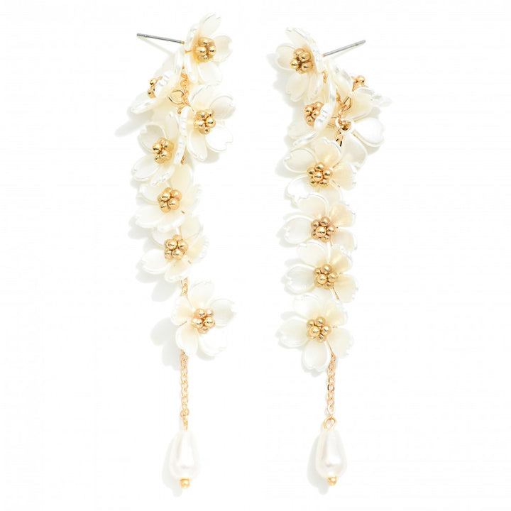 Pearlescent Flower Tassel Drop Earrings With Pearl Bead Charms