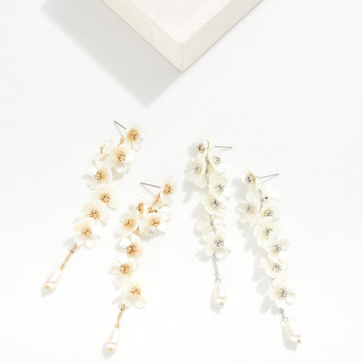 Pearlescent Flower Tassel Drop Earrings With Pearl Bead Charms