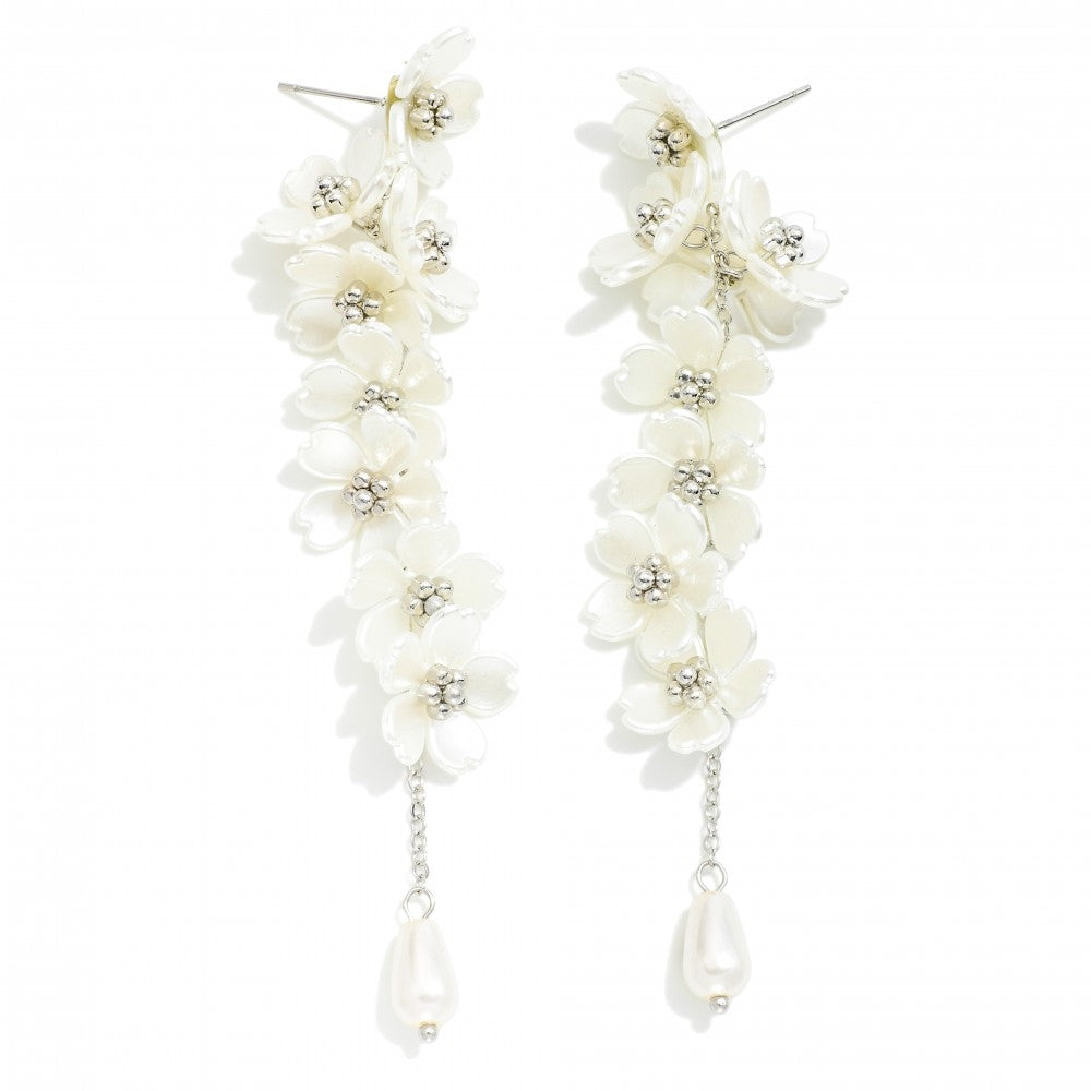 Pearlescent Flower Tassel Drop Earrings With Pearl Bead Charms
