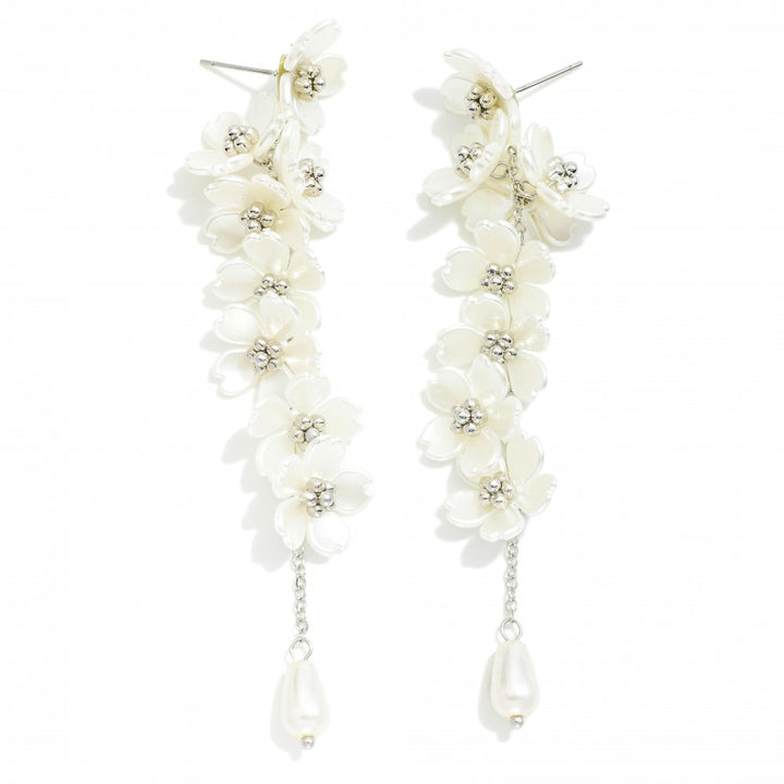 Pearlescent Flower Tassel Drop Earrings With Pearl Bead Charms