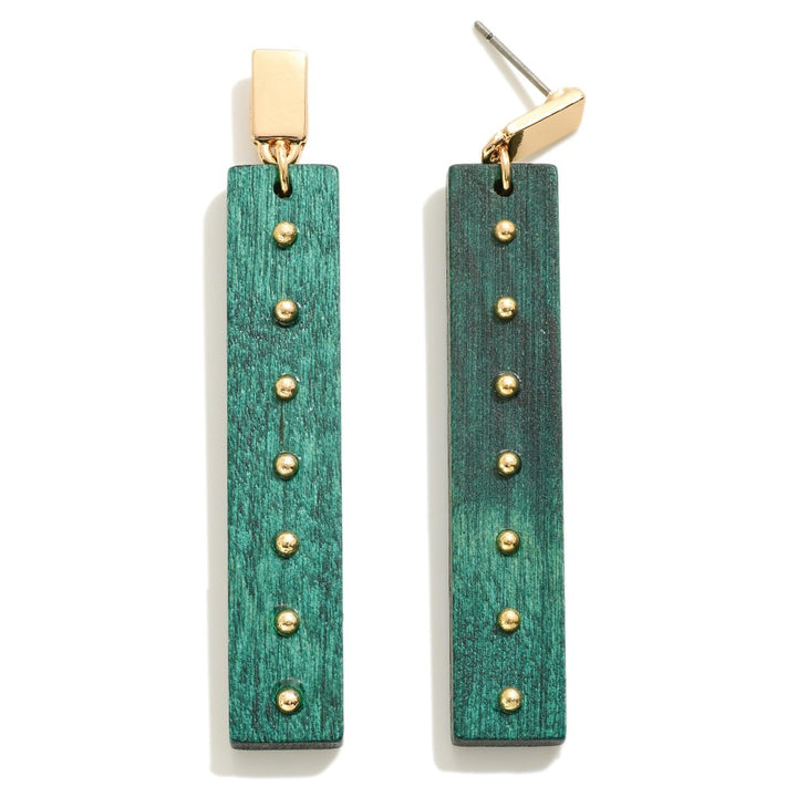 Rectangle Wood Drop Earrings With Beaded Detail
