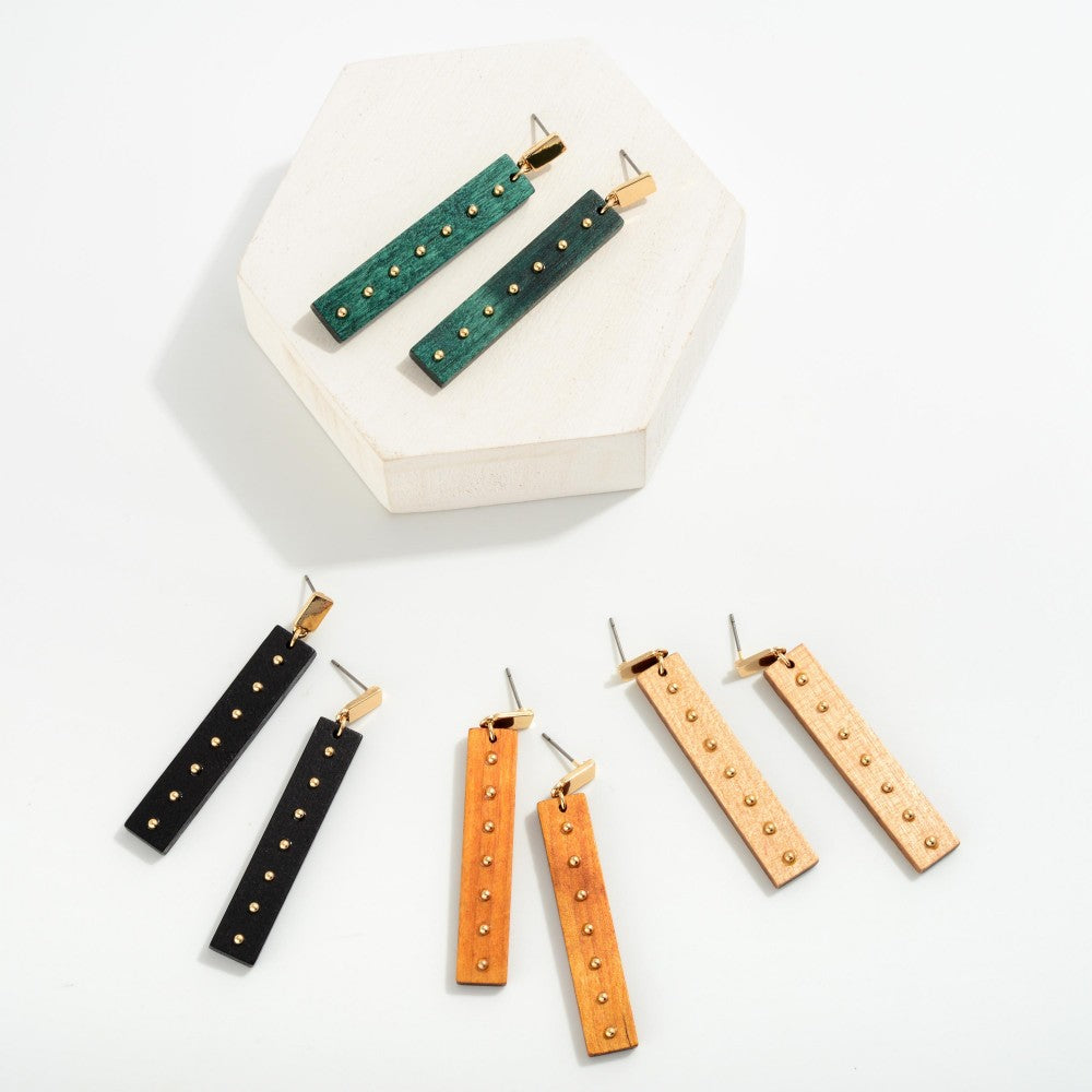 Rectangle Wood Drop Earrings With Beaded Detail