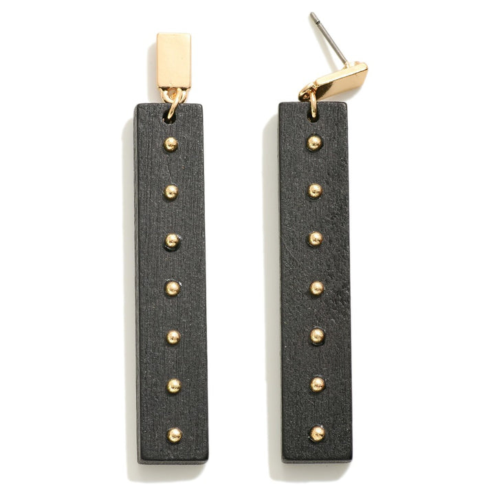 Rectangle Wood Drop Earrings With Beaded Detail