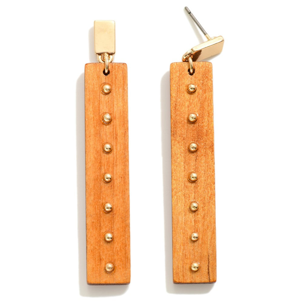Rectangle Wood Drop Earrings With Beaded Detail