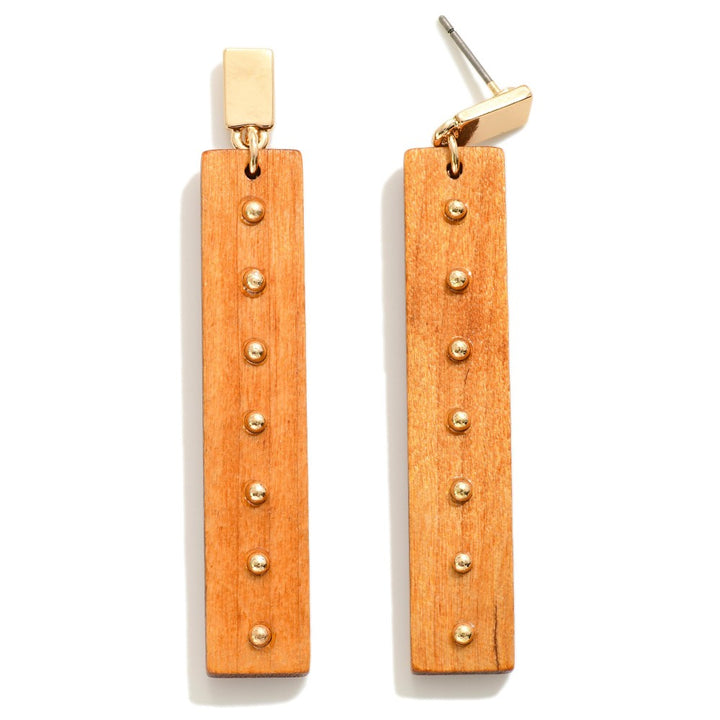 Rectangle Wood Drop Earrings With Beaded Detail