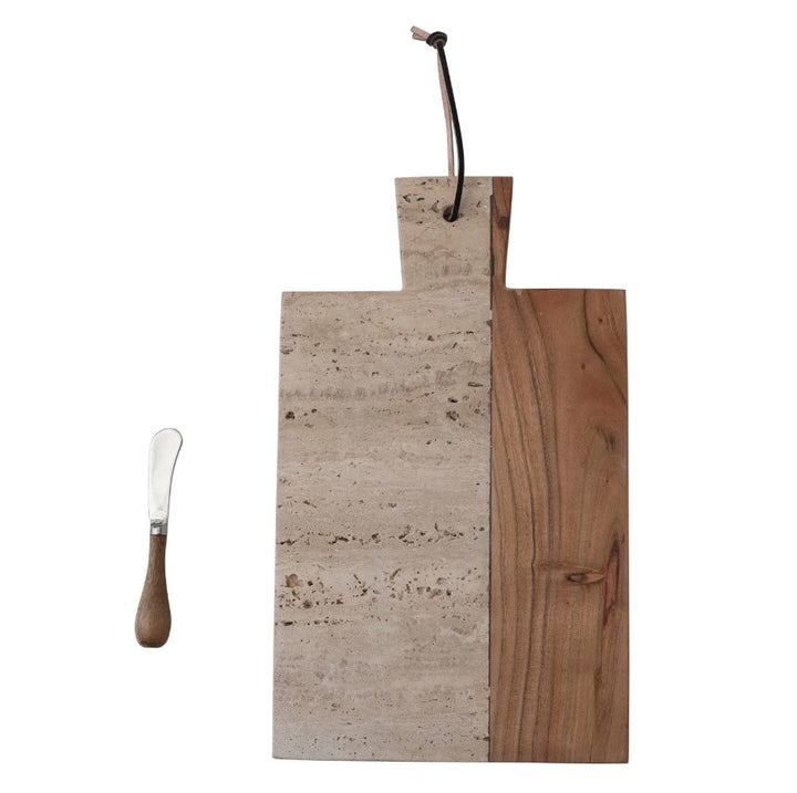 Travertine & Acacia Wood Cheese Board Set