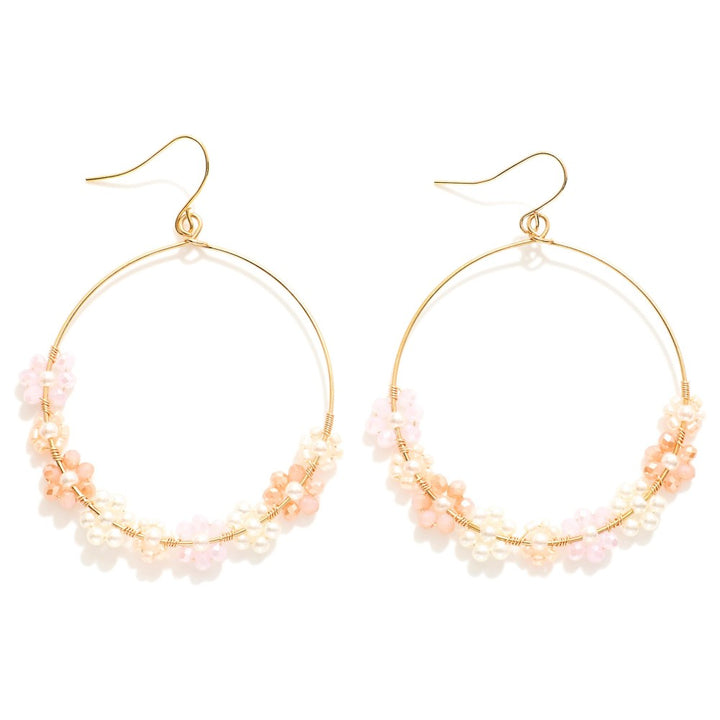 Beaded Flower Wire Hoop Drop Earrings