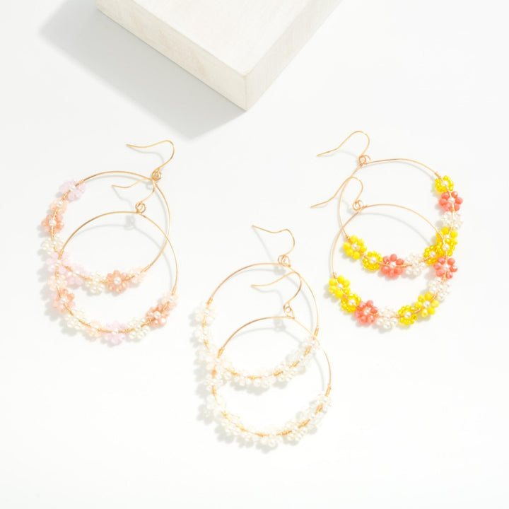 Beaded Flower Wire Hoop Drop Earrings