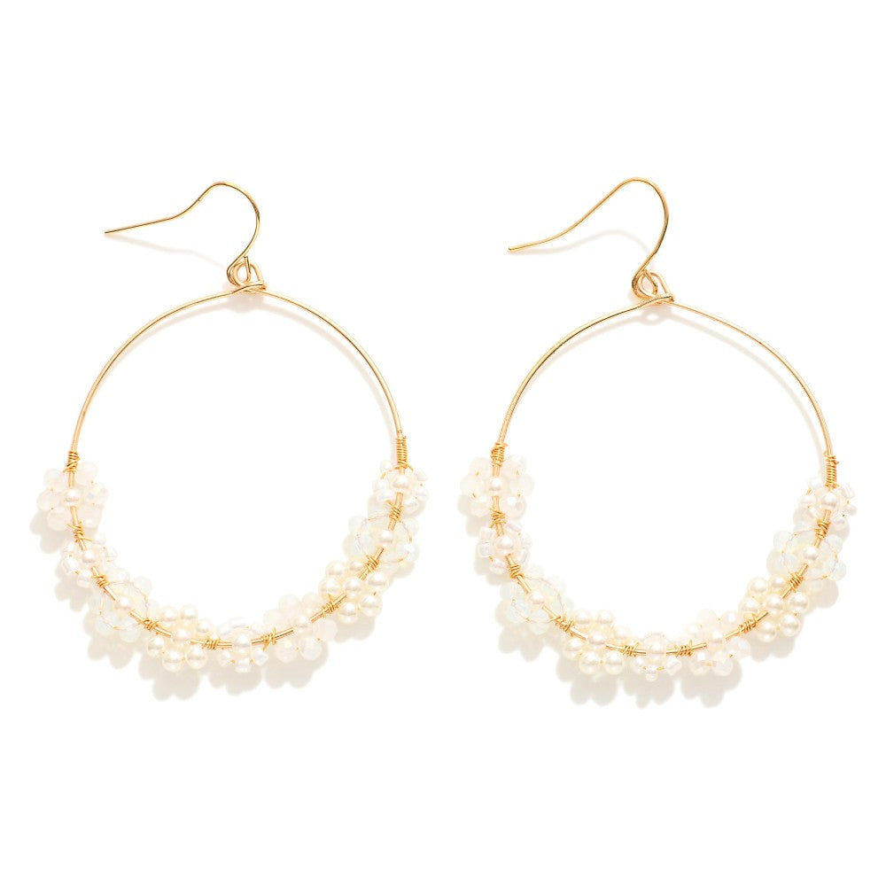Beaded Flower Wire Hoop Drop Earrings