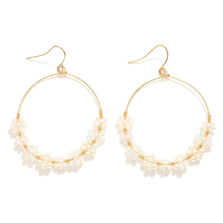 Beaded Flower Wire Hoop Drop Earrings