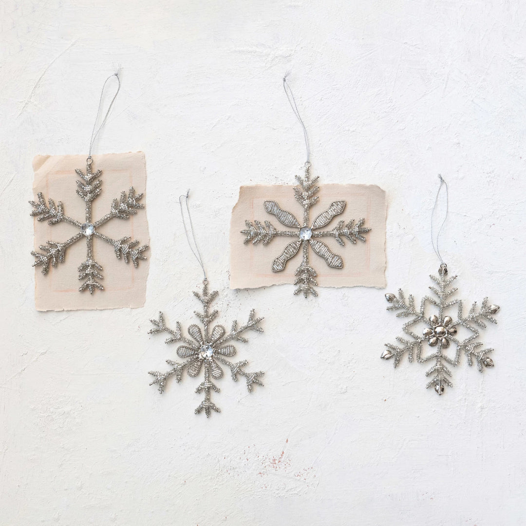 Silver Metal & Glass Bead Snowflake Ornament