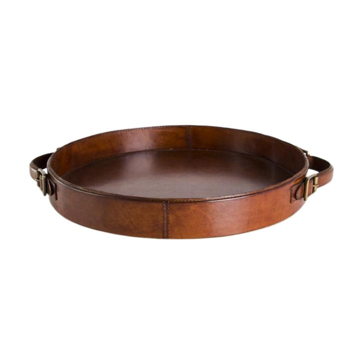 Large Round Tan Leather Tray with Brass Buckle Accent