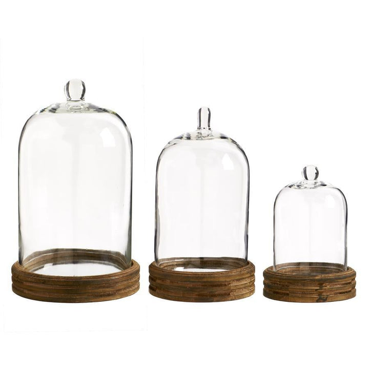 Glass Cloche with Knob Top on Round Wood Mirror Base Md