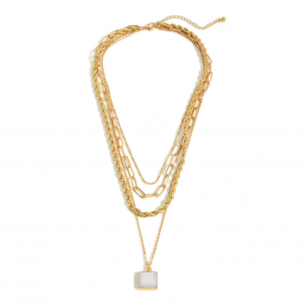 Layered Chain Link Necklace Featuring Natural Stone Pendant