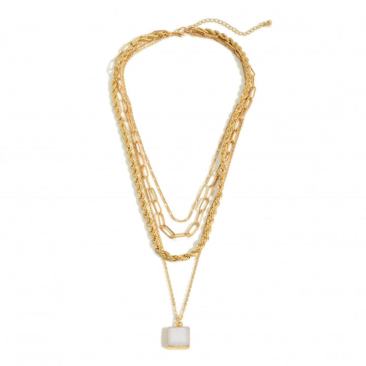 Layered Chain Link Necklace Featuring Natural Stone Pendant