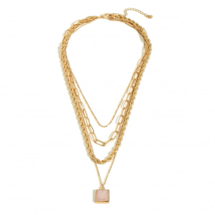 Layered Chain Link Necklace Featuring Natural Stone Pendant