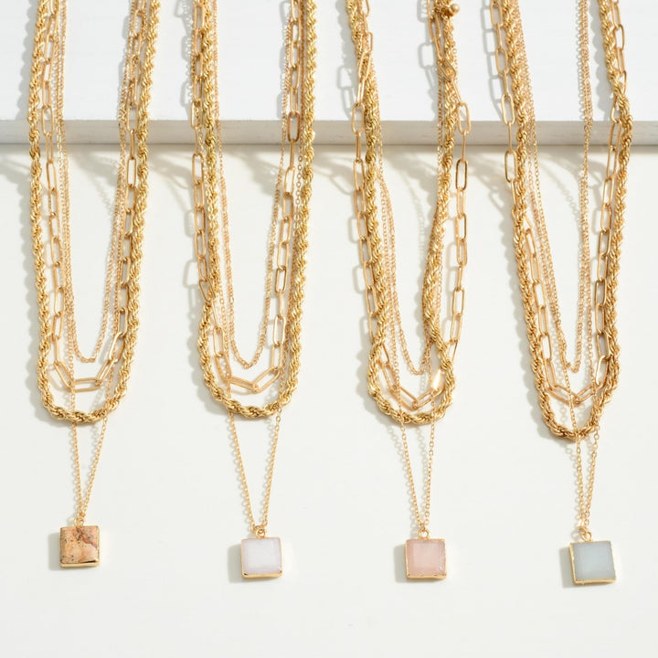 Layered Chain Link Necklace Featuring Natural Stone Pendant