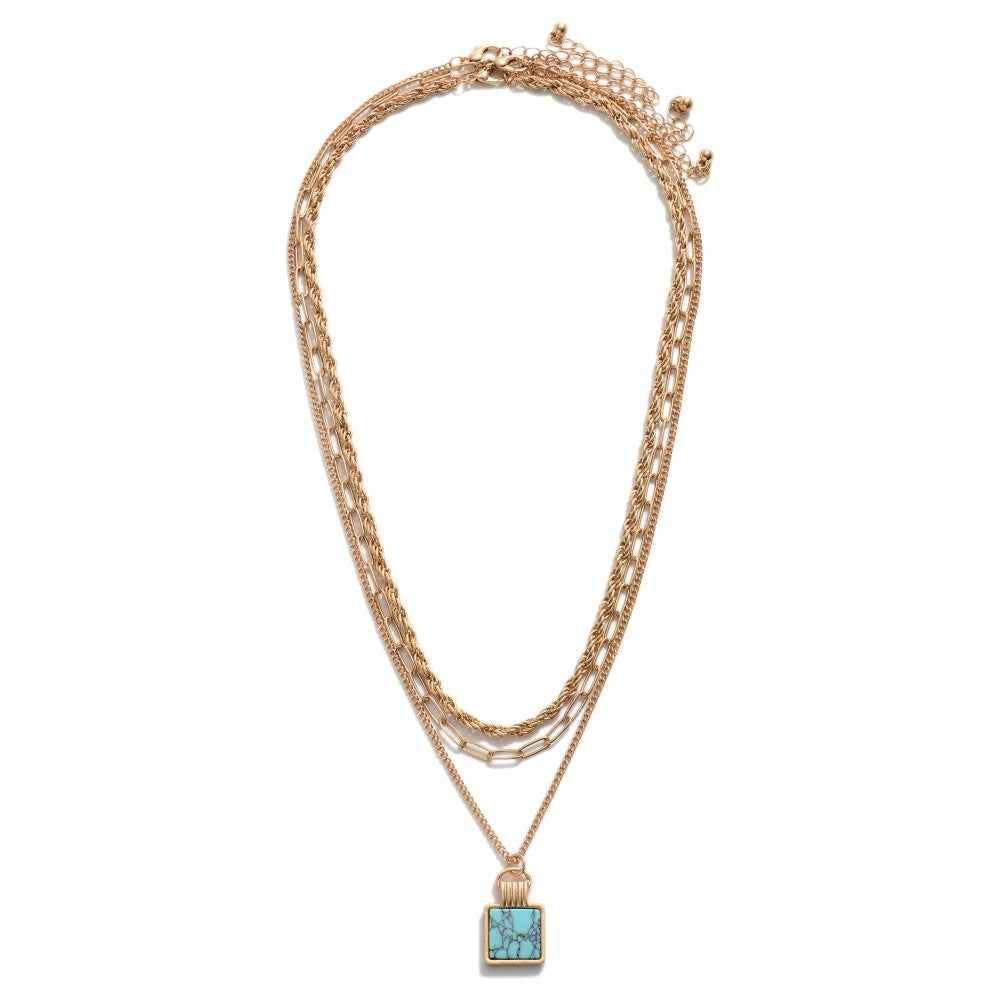 Layered Chain Link Necklace Featuring Natural Stone Pendant