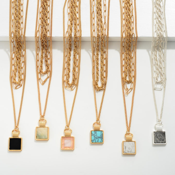 Layered Chain Link Necklace Featuring Natural Stone Pendant