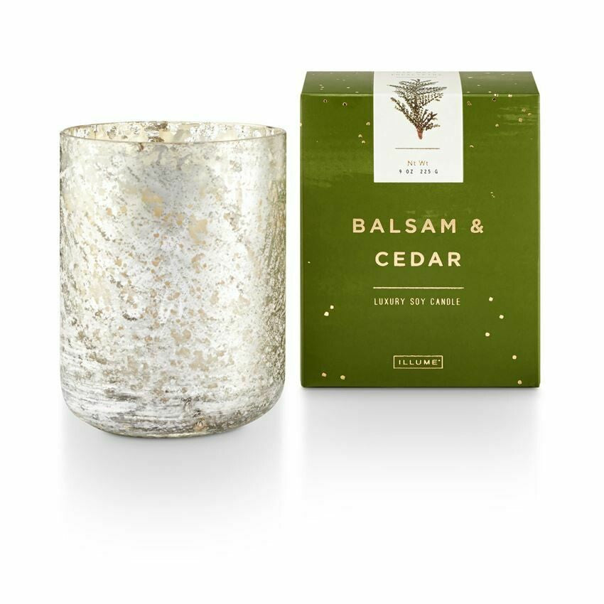 illume luxe sanded mercury glass candle balsam and cedar
