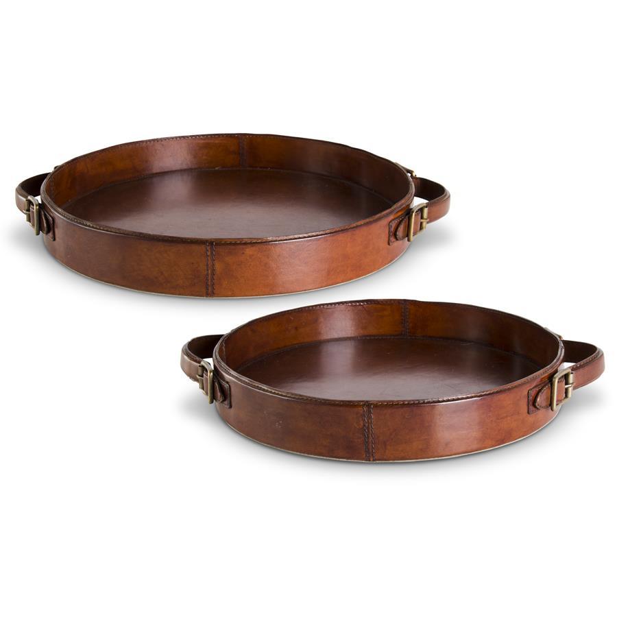 Large Round Tan Leather Tray with Brass Buckle Accent