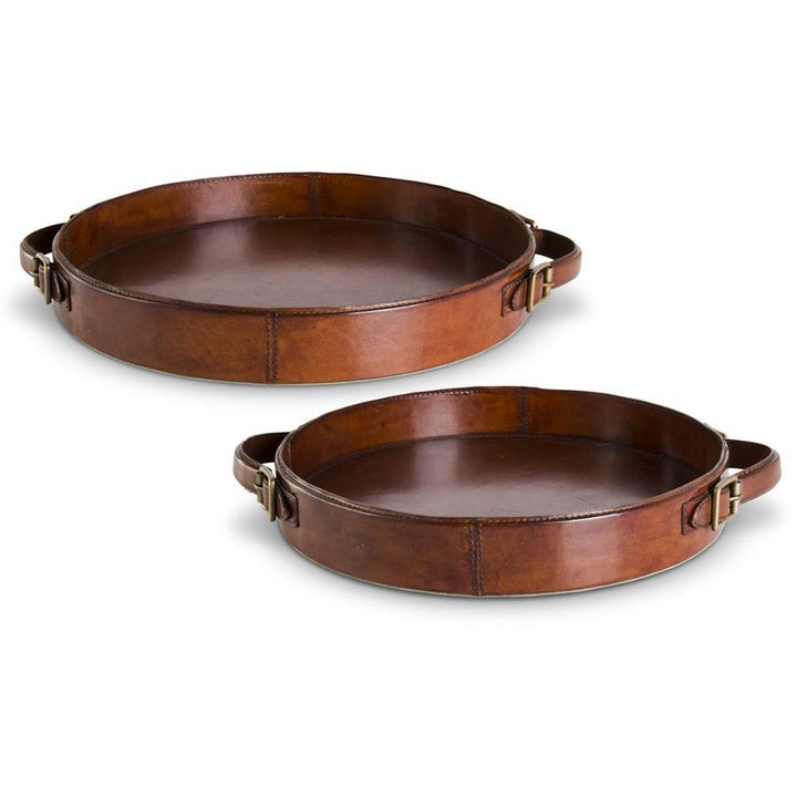 Large Round Tan Leather Tray with Brass Buckle Accent