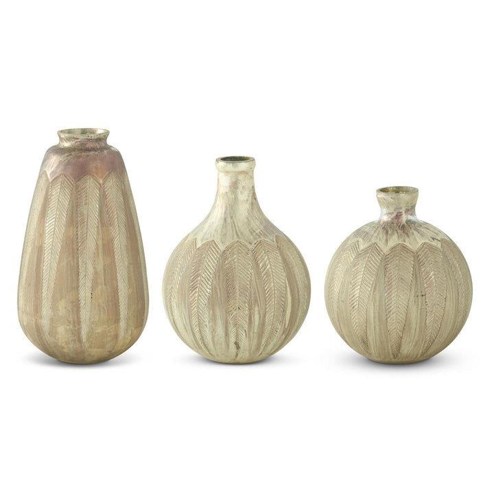 Feather Etched Tarnished Champagne Painted Glass Vase