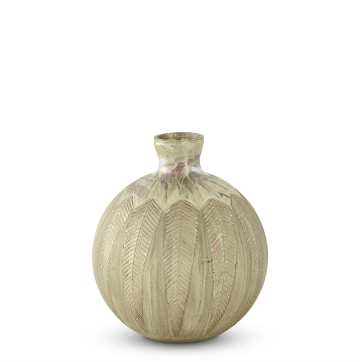 Feather Etched Tarnished Champagne Painted Glass Vase