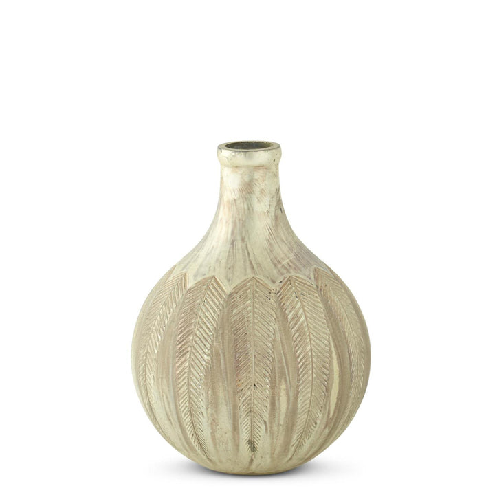 Feather Etched Tarnished Champagne Painted Glass Vase
