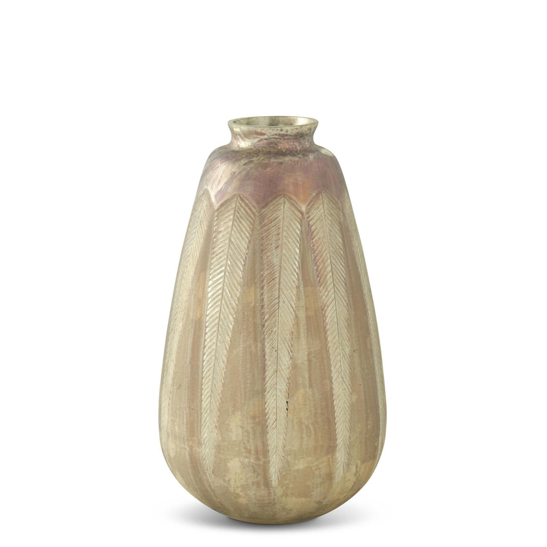 Feather Etched Tarnished Champagne Painted Glass Vase