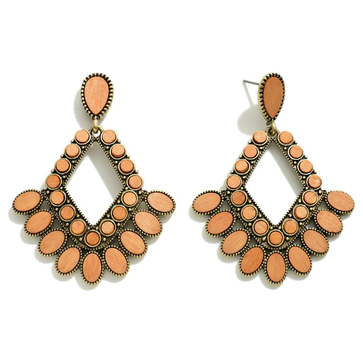 Wood And Metal Diamond Shape Statement Earring