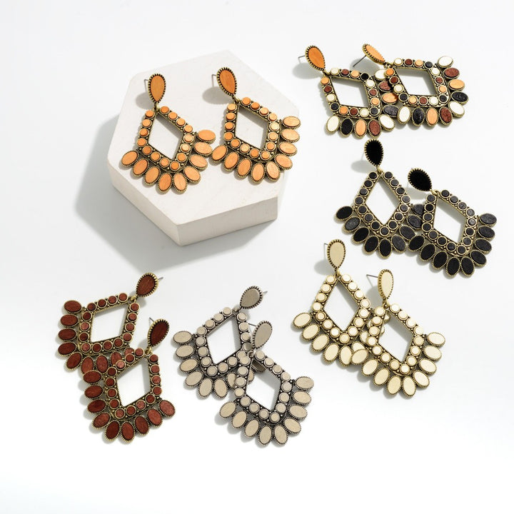 Wood And Metal Diamond Shape Statement Earring