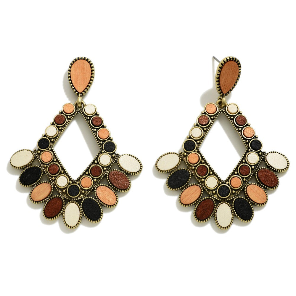 Wood And Metal Diamond Shape Statement Earring