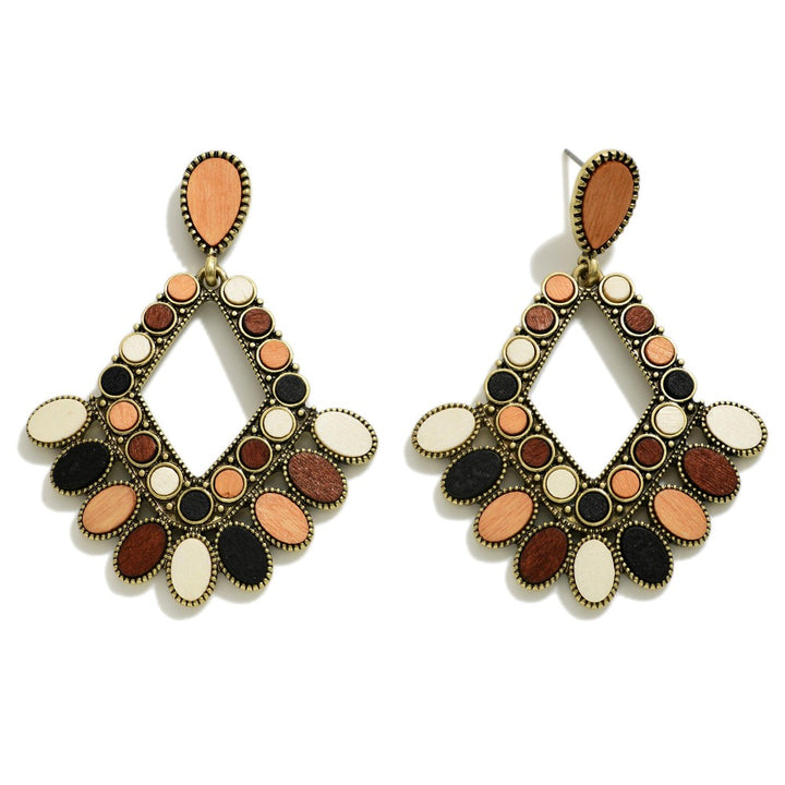 Wood And Metal Diamond Shape Statement Earring