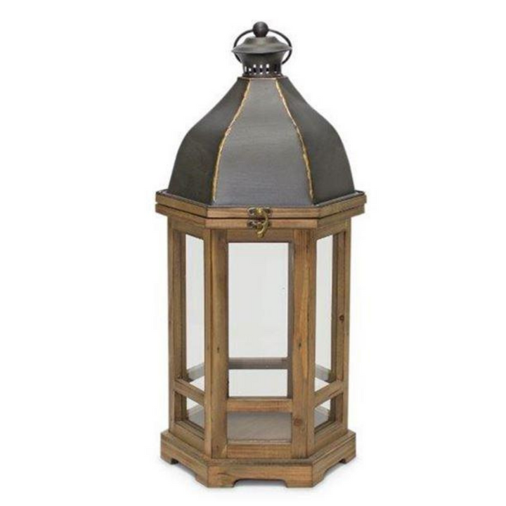 Iron Topped Wood Lantern Sm